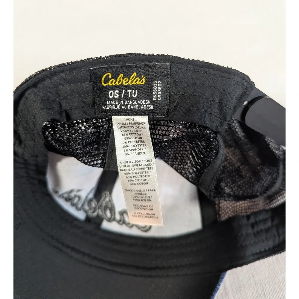 Cabelas Hat Mens OSFM Blue Heathered Black Mesh Snapback Trucker Cap Script Logo